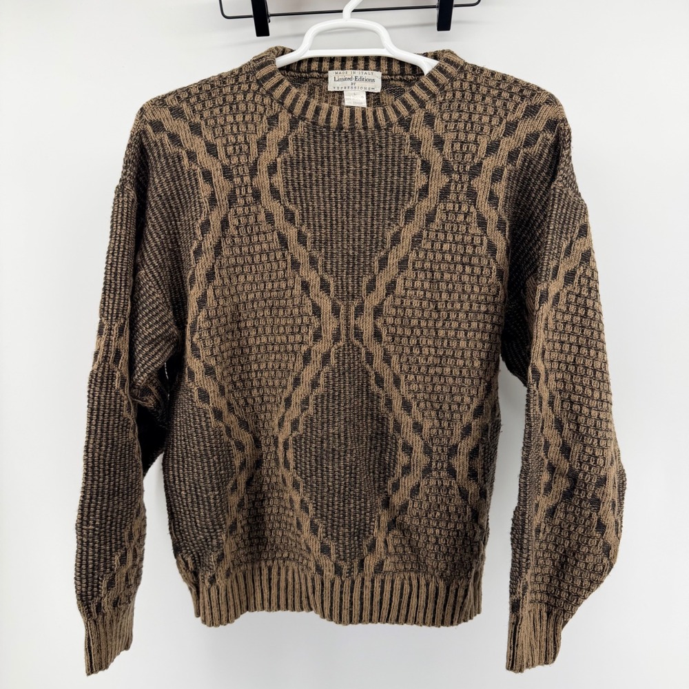 Limited Editions Expressions Geometric Knit Wool Blend Sweater Men L Brown Italy - Picture 2 of 7
